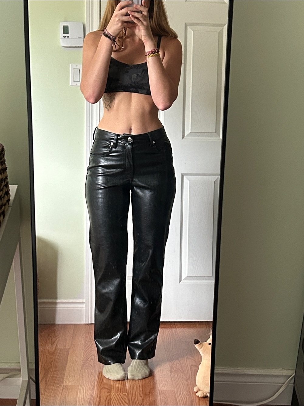 Black Faux Leather Croc Design Straight-Leg Pants